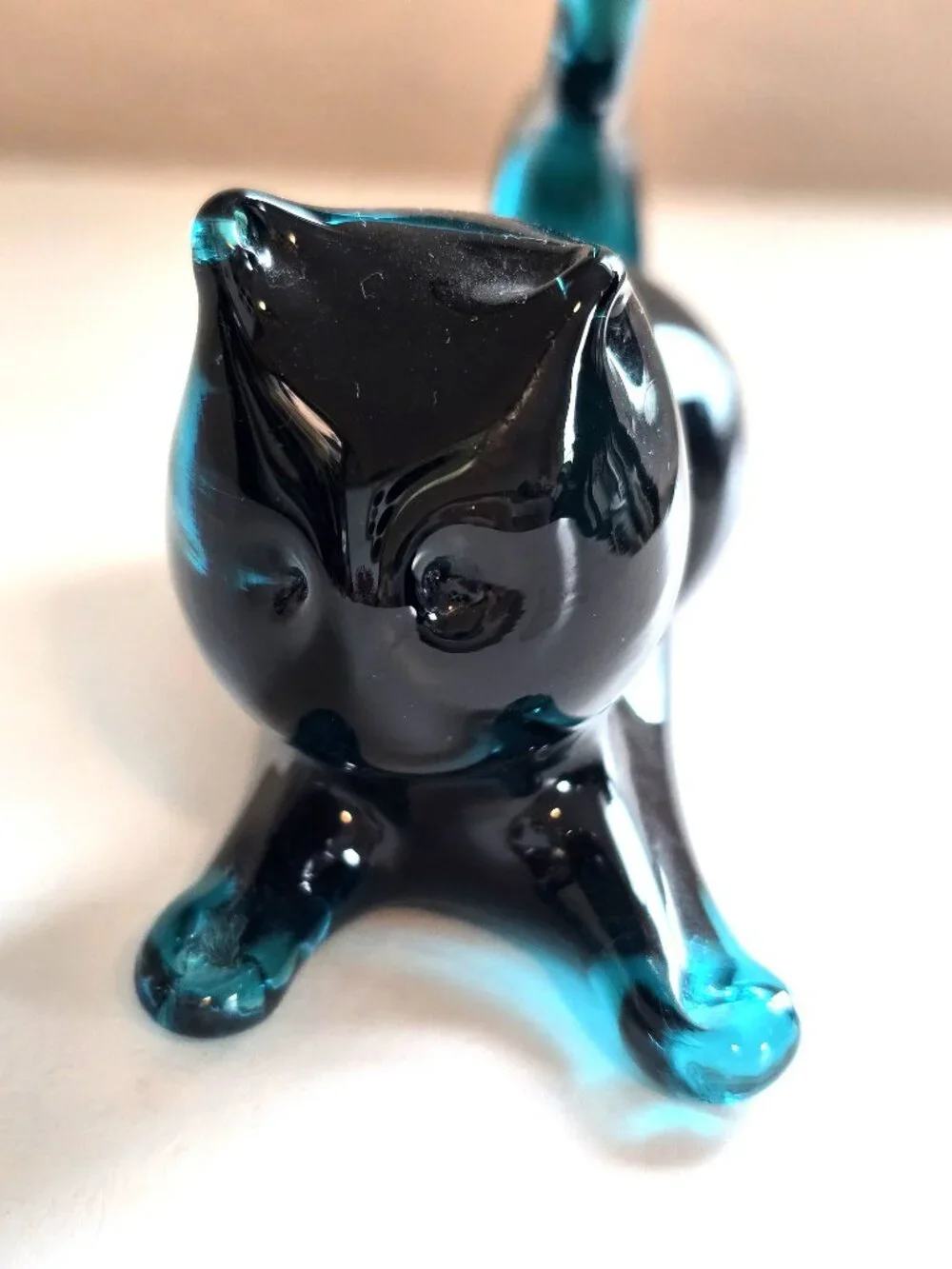 Vintage Hand Blown Glass Cat Figurine Teal/Dark Blue Black
